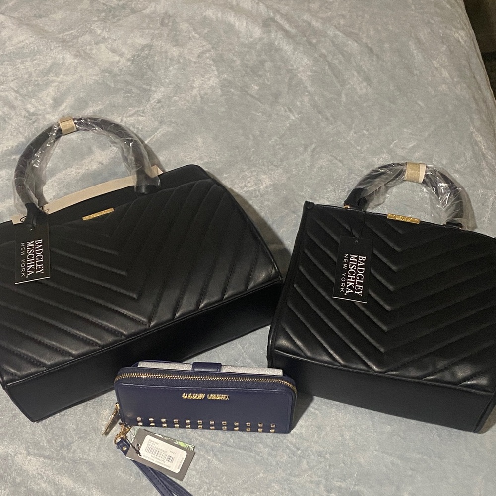 (3) Badgley Mischka Black Chevron Satchel (2) purses (1) wallet all brand new